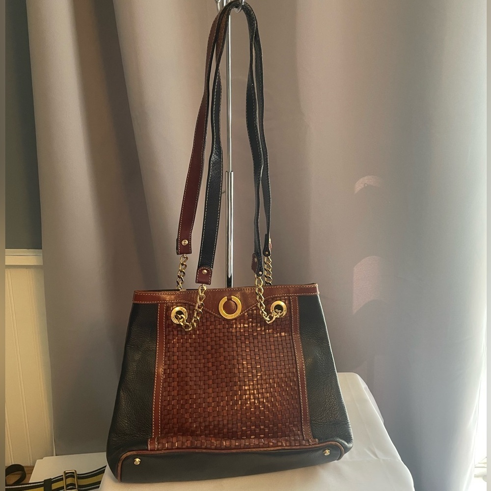 BALLY Black Leather Gold Chain Shoulder Bag Purse Brown Woven Satchel Purse Bag
